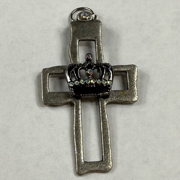 Silver Tone Metal Cross Pendant With Rhinestone Crown Embellishment for Necklace - Picture 4 of 15